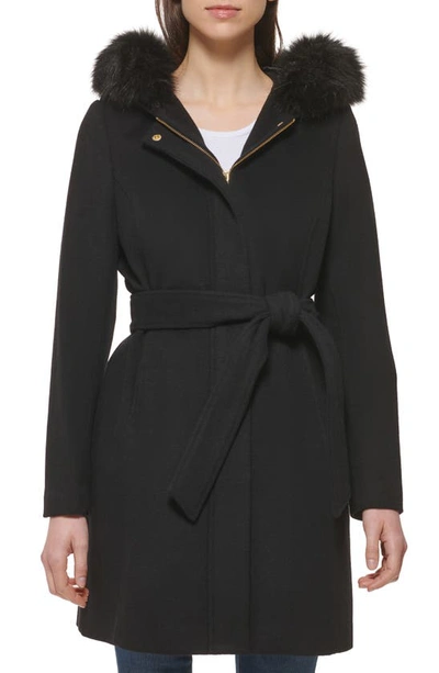 Cole Haan Signature Faux Fur Trim Wool Blend Jacket In Black