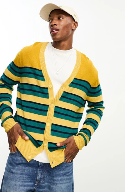 Asos Design Oversized Knitted Stripe Cardigan In Mustard-yellow
