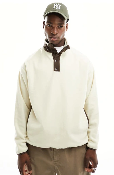 Asos Design Oversized Half Snap Sweatshirt In Off White Polar Fleece