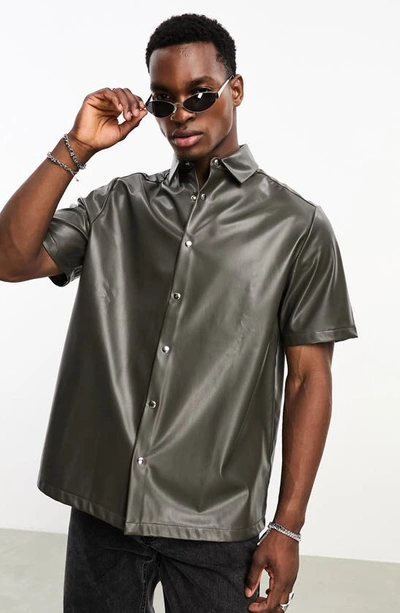 Asos Design Boxy Faux Leather Shirt In Brown