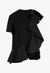 Alexander Mcqueen Mixed Media Ruffle Detail Cotton Top In Black