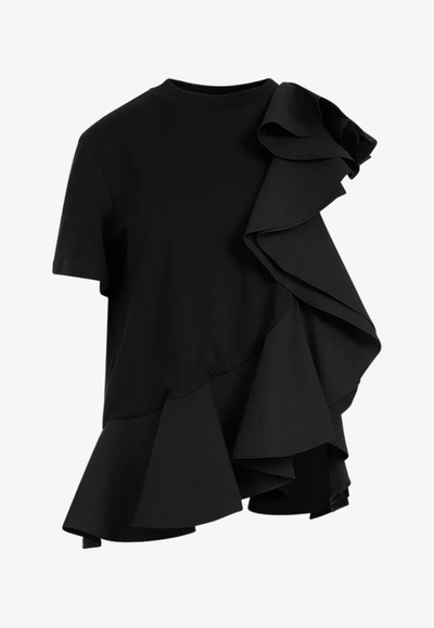 Alexander Mcqueen Asymmetric Ruffled Crewneck T-shirt In Black
