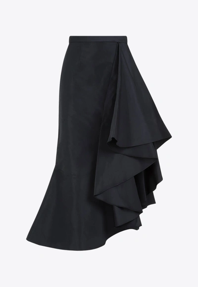Alexander Mcqueen Asymmetric Midi Skirt With Ruffle Hem In Black