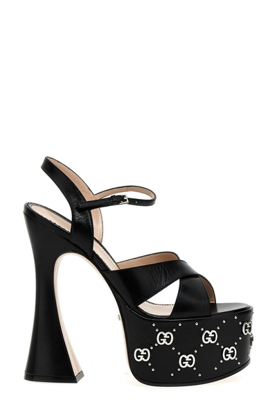 Gucci Gg Crossover Platform Studded Sandals In Black