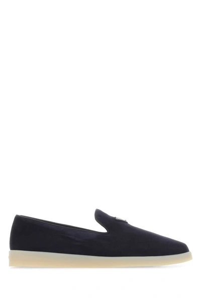 Prada Almond Toe Suede Loafers With Rubber Sole In Blue