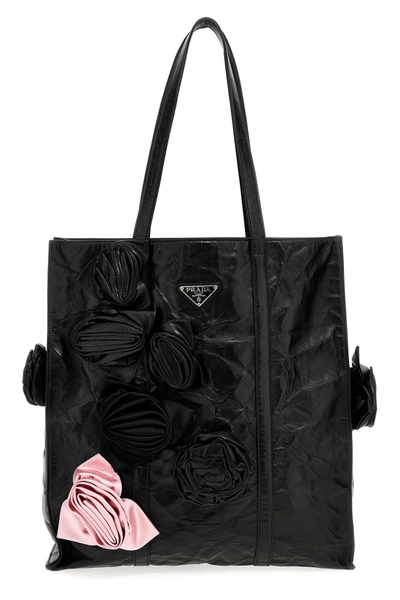 Prada Antique Nappa Leather Mini Tote With Flowers In Black