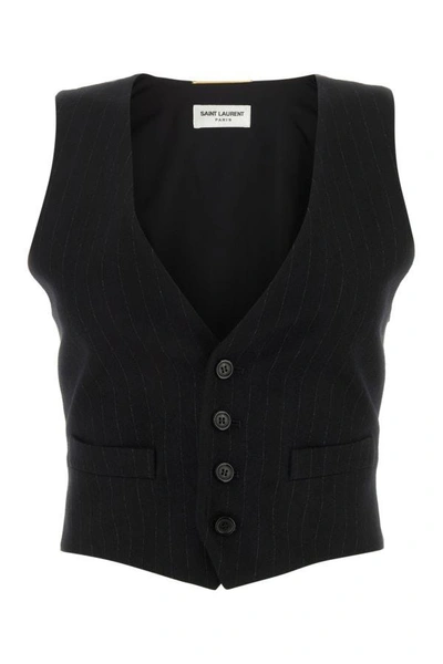 Saint Laurent Woman Embroidered Wool Blend Vest In Black