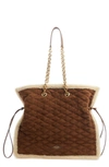 Saint Laurent Le Pochon Quilted Shearling Shoulder Bag In Dark Cigar/ Natural Beige