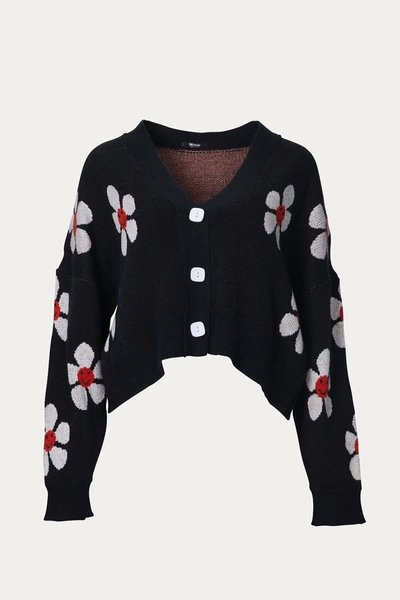 Melody Fashion Cropped Retro Floral Cardigan In Black