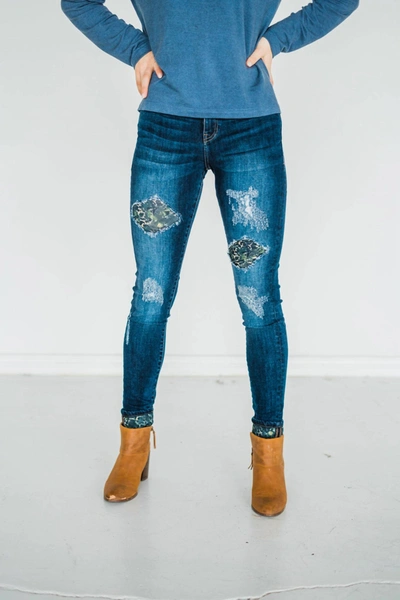 Rubies + Honey Double The Fun Patched Jeans In Dark Wash In Blue