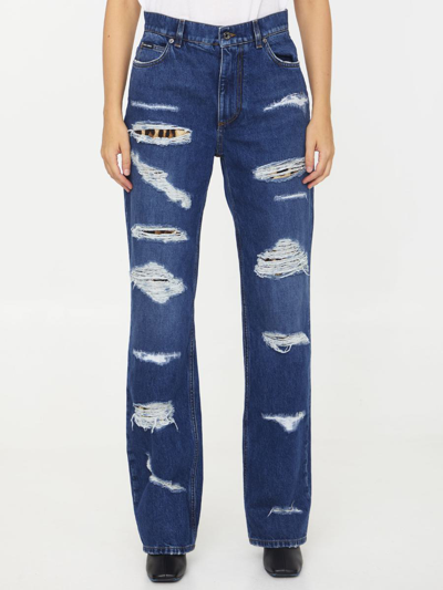 Dolce & Gabbana Distressed Jeans With Leo Print In Blue