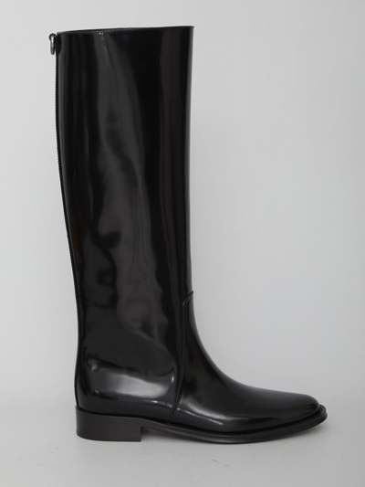 Saint Laurent Hunt Boots In Glazed Leather In Black