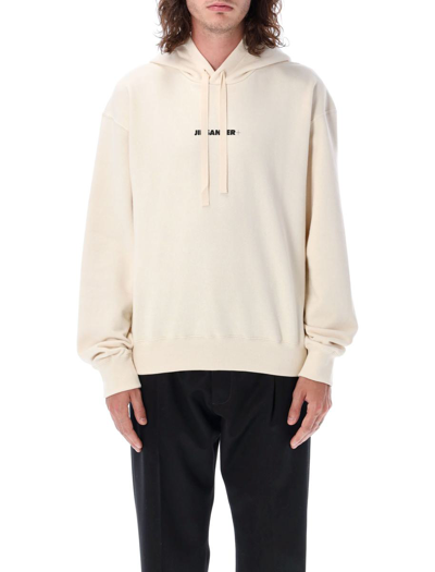 Jil Sander Logo Printed Drawstring Hoodie In Natural