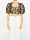 Ganni Leopard Cropped Zip-front Blouse In Multicolor