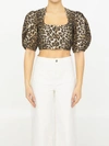 Ganni Leopard-print Puff-sleeve Cropped Blouse In Multi