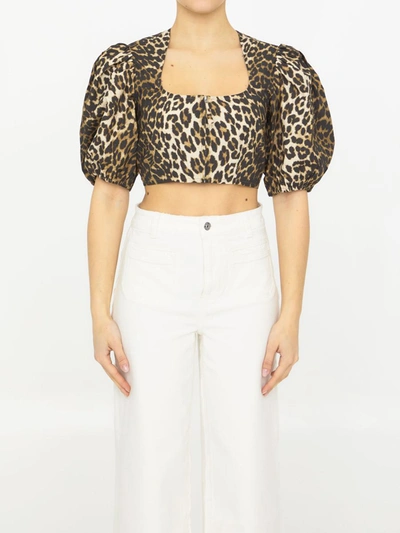 Ganni Leopard-print Puff-sleeve Cropped Blouse In Multi