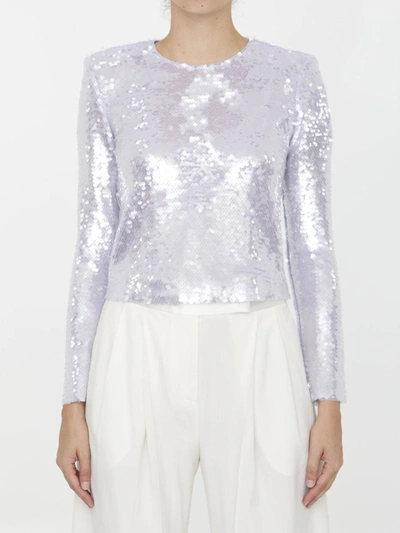 Self-portrait Sequined Stretch-mesh Top In Violet