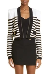 Balmain Striped Viscose Knit Open Jacket In Blanc/ Noir/ Or