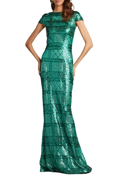 Tadashi Shoji Sequin Cap Sleeve Sheath Gown In Bamboo