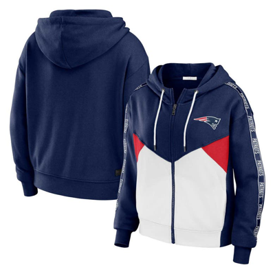 Wear By Erin Andrews Navy/white New England Patriots Color Block Light Weight Modest Crop Full-zip H In Navy,white