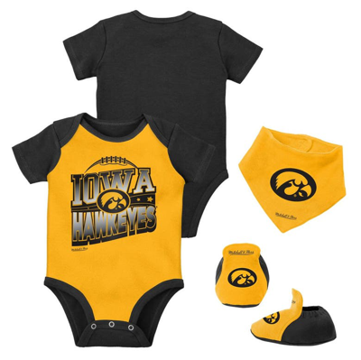 Mitchell & Ness Baby Boys And Girls Mitchell And Ness Black, Gold Iowa Hawkeyes 3-pack Bodysuit, Bib And Bootie Set In Black,gold