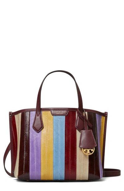 Tory Burch Perry Eel Patchwork Small Triple Compartment Leather Tote In Brown