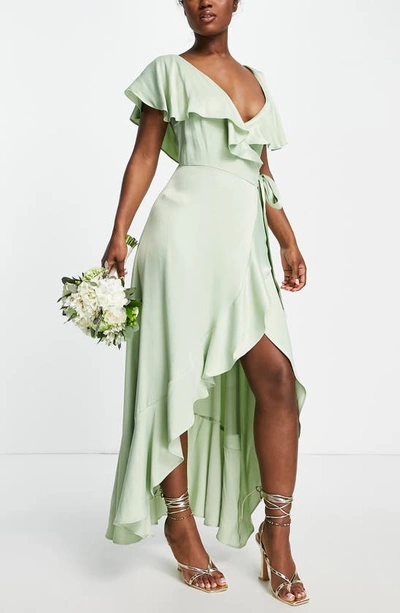 Topshop Bridesmaid Satin Frill Wrap Dress In Sage-green