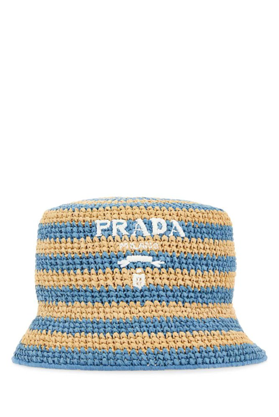 Prada Logo Embroidered Crochet Bucket Hat In Blue