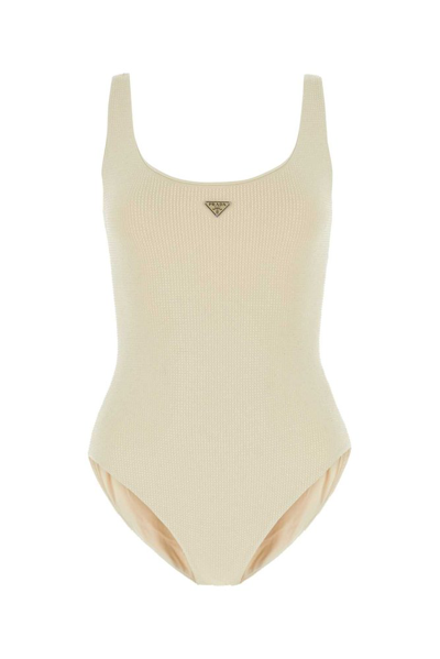 Prada Logo Plaque Sleeveless Swimsuit In Beige