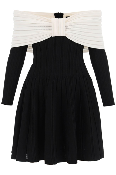 Balmain Mini Black Dress With Off-the-shoulder Bow Neckline In Textured Knit Woman