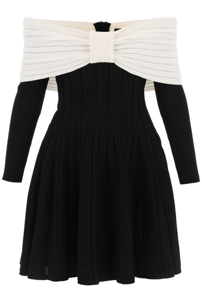 Balmain Off-the-shoulder Two-tone Ribbed-knit Mini Dress In Black