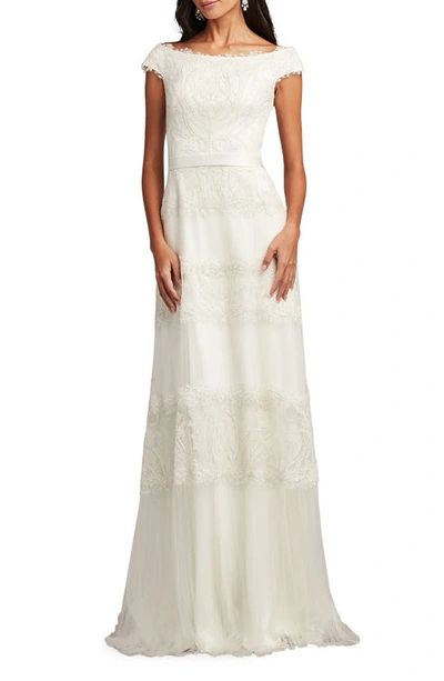 Tadashi Shoji Sequin Corded Lace Off The Shoulder Gown In White