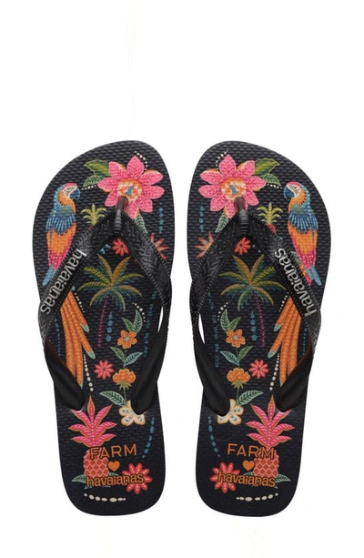 Havaianas X Farm Rio Print Footbed Flip Flop In Farm Black Parrots