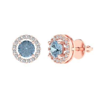 Pre-owned Pucci 1.6 Round Cut Halo Classic Designer Stud Sky Blue Topaz Earrings 14k Rose Gold In Pink