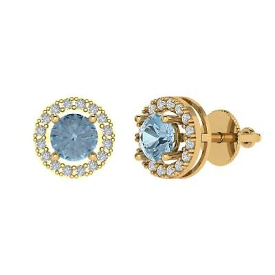 Pre-owned Pucci 1.6ct Round Halo Classic Designer Stud Sky Blue Topaz Earrings 14k Yellow Gold