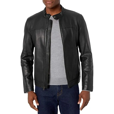 Pre-owned Cole Haan Men's Bonded Leather Moto Jacket In Black