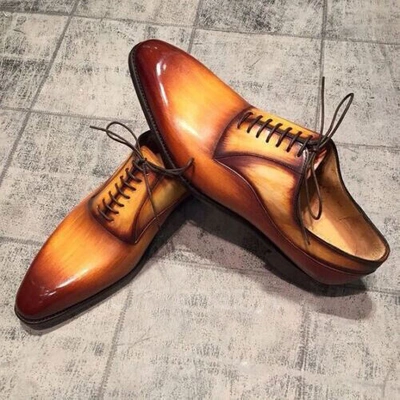 Pre-owned Handmade Men's  Tan Leather Shoes Brown Shaded Oxford Lace Up Wholecut Men's Shoe In Tan And Brown Shaded