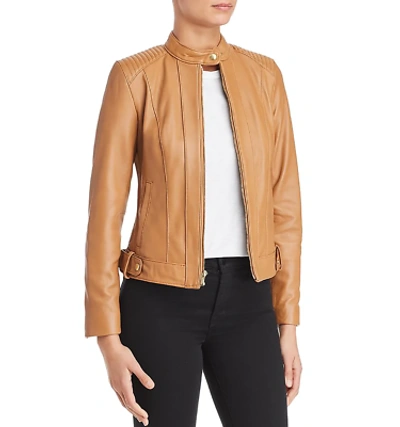 Pre-owned Cole Haan Women's Racer Leather Jacket In Hazelnut