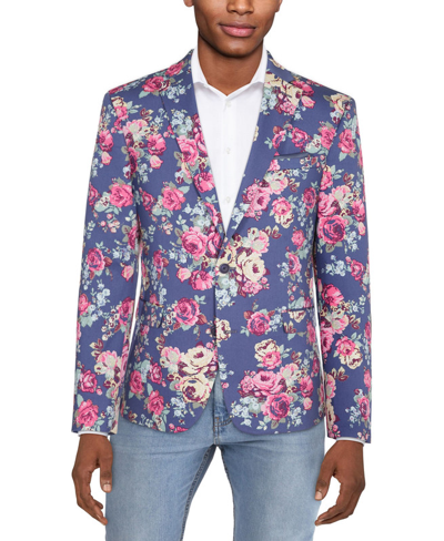 Pre-owned Bar Iii Men's Slim-fit Floral Suit Separate Jacket In Pink/ Blue