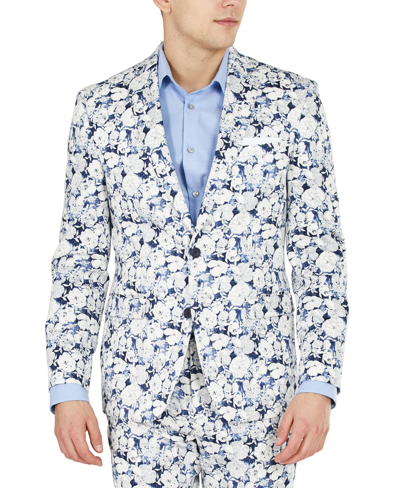 Pre-owned Bar Iii Men's Slim-fit Floral Suit Separate Jacket In Navy/ White