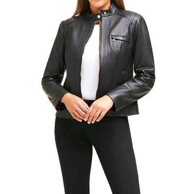 Pre-owned Cole Haan Women's Racer Leather Jacket In Black