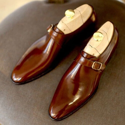 Pre-owned Handmade Genuine Brown Pure Leather Single Monk Strap Business Shoes For Men