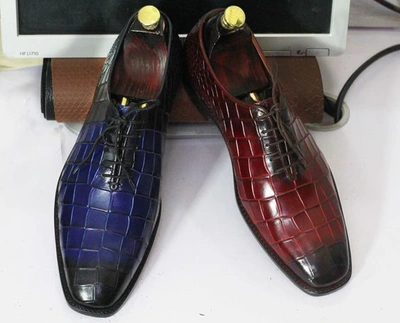 Pre-owned Handmade Bespoke  Alligator Texture Leather Oxford Wholecut Lace Up Dress Shoes In Maroon And Black Shaded