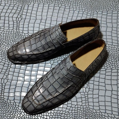 Pre-owned Handmade Custom Made Premium Quality Gray Crocodile Print Leather Slip On Loafers Shoes