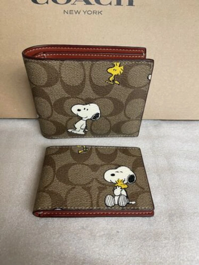 Pre-owned Coach Peanuts 3 In 1 Wallet In Signature Canvas With Snoopy Woodstock Print In Khaki Multi