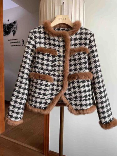Pre-owned Handmade Custom Made To Order Houndstooth Fur Trim Short Overcoat Coat Plus X-10x L844 In Black/white