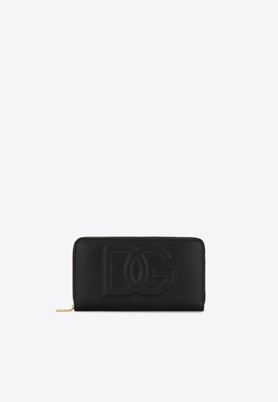 Dolce & Gabbana Calfskin Zip-around Wallet With Dg Logo In Black