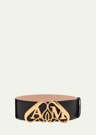 Alexander Mcqueen Leather Belt With Gold Logo Detail In Black