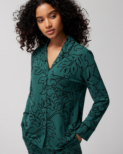 Soma Women's Cool Nights Long Sleeve Notch Collar Pajama Top In Green Size Medium |
