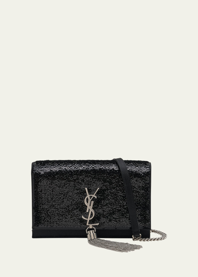 Saint Laurent Kate Ysl Tassel Sequin Crossbody Bag In Noir